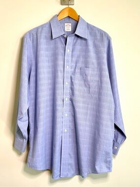 Brooks Brothers Traditional Fit Non-Iron Dress Shirt Blue Plaid Check 16.5 32/33